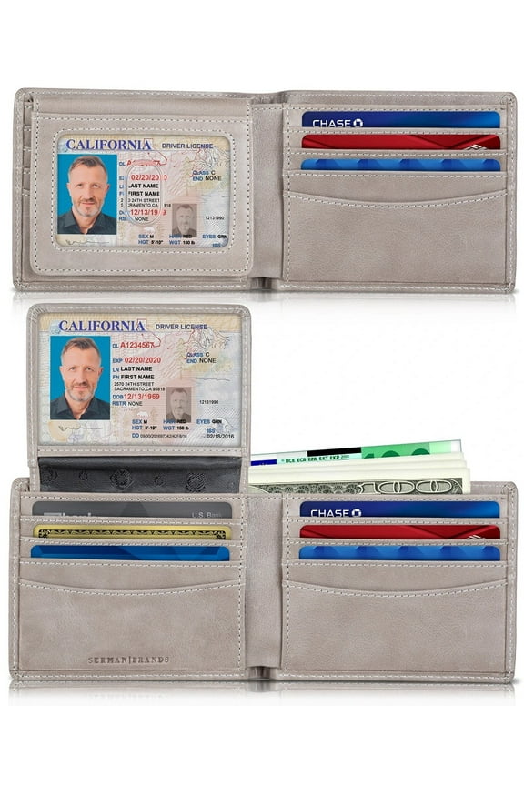 2 ID Window Wallet for Men | RFID Blocking | Premium Full Grain Leather | Bifold Top Flip | Extra Capacity Travel Wallet | Slate Gray