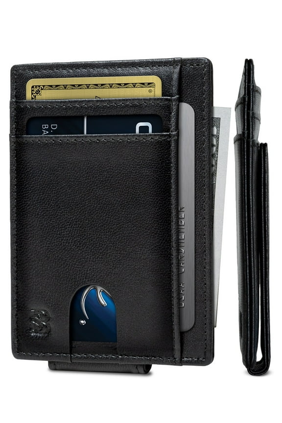 Front Pocket Wallet | Money Clip Magnetic | Bifold Minimalist RFID | Leather Wallets for Men | Slim Credit Card Wallet Modern | Shadow Black