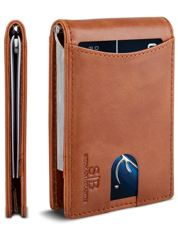 Money Clip Slim Wallet | Mens Wallets Thin Front Pocket | RFID Blocking Card Holder | Minimalist Mini Bifold Wallet | Dark Caramel