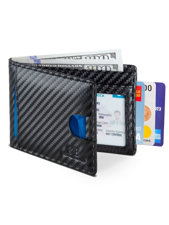 RFID Blocking Bifold | Slim Genuine Leather | Minimalist Front Pocket Wallets for Men | Carbon Fiber