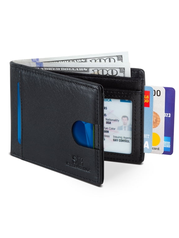 RFID Blocking Bifold | Slim Genuine Leather | Minimalist Front Pocket Wallets for Men | Jet Black
