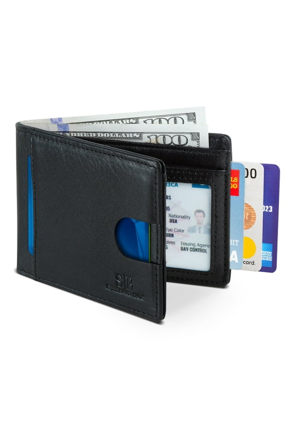 RFID Blocking Bifold | Slim Genuine Leather | Minimalist Front Pocket Wallets for Men | Jet Black