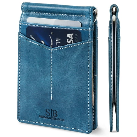 Serman Brands Slim Wallets for Men | Money Clip | RFID Blocking with Front Pocket | Men Bifold | Leather Wallet | Arctic Blue