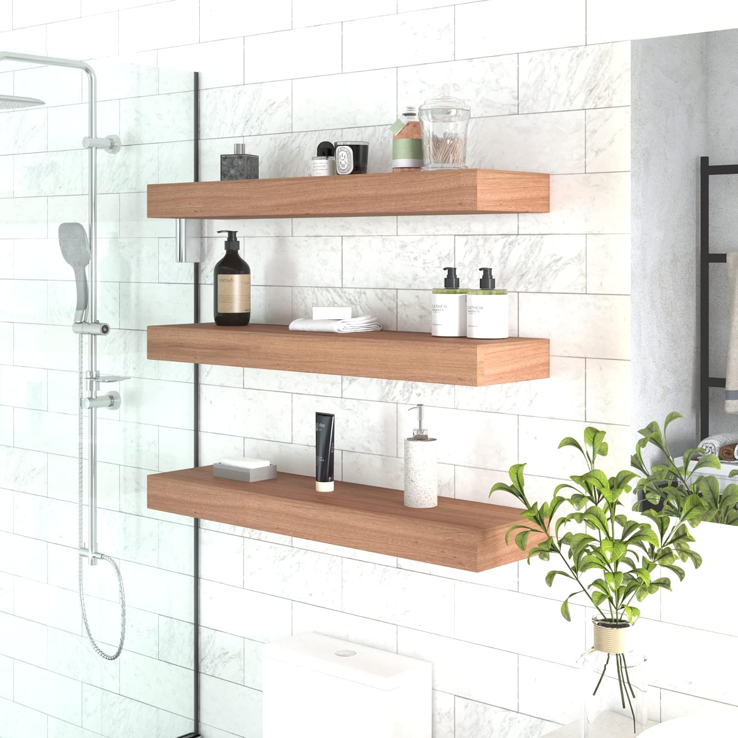 Sermata 3" Thick 36" Wide Floating Hollow Teak Wall Shelf