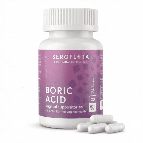 Seroflora Boric Acid Vaginal Suppositories 600mg 30 Count, pH Balance, Vaginal Odor Support, Fast Dissolving, Made in USA