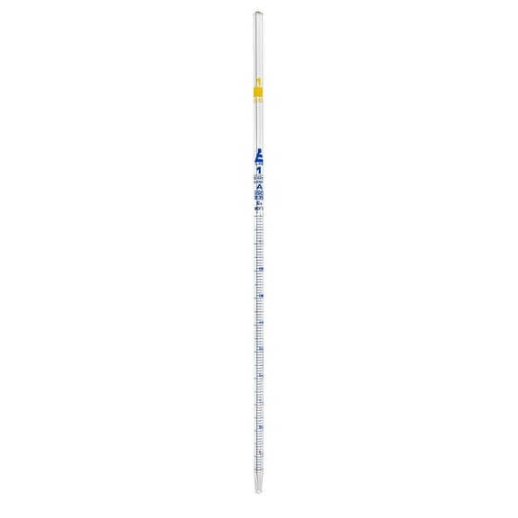 Serological Pipette, 1ml - Class A, Tolerance ?0.007ml - Blue Graduations - Color Code, Yellow - Calibrated for Delivery to Jet - Borosilicate Glass - Eisco Labs