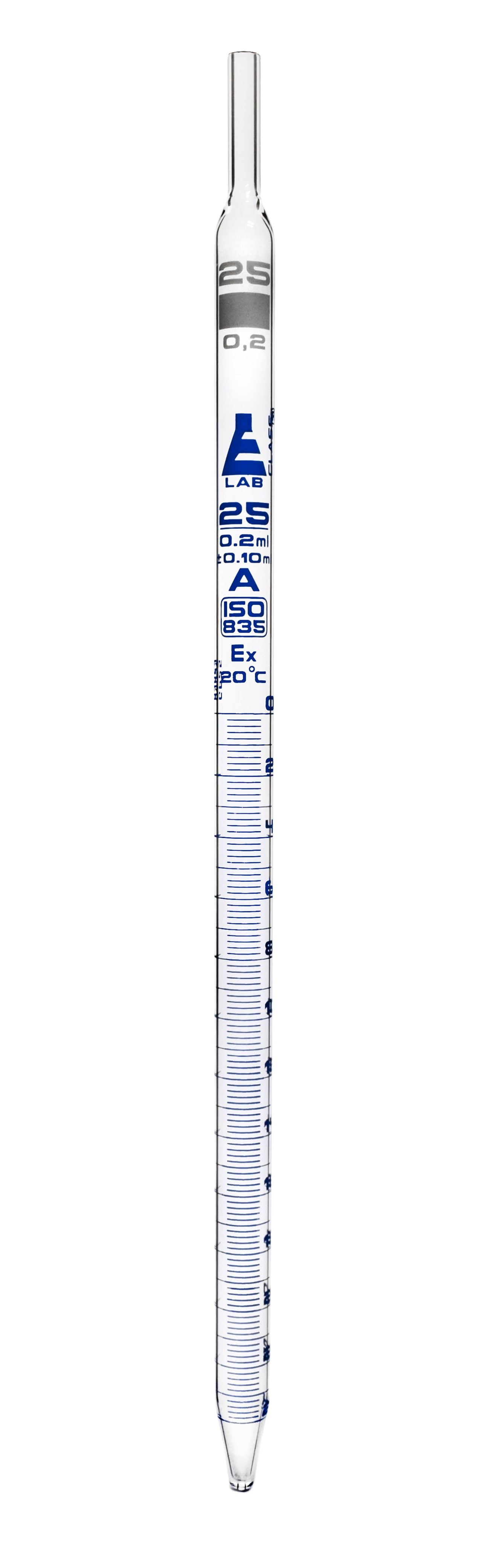 Serological Pipette, 25ml - Class A, Tolerance Â±0.100ml  - Blue Graduations - Color Code, White - Calibrated for Delivery to Jet - Borosilicate Glass - Eisco Labs