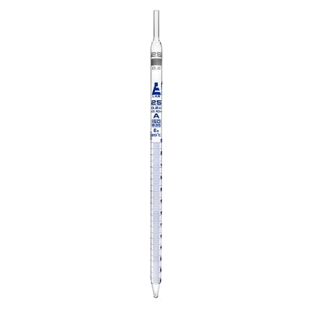 Serological Pipette, 25ml - Class A, Tolerance Â±0.100ml - Blue Graduations - Color Code, White - Calibrated for Delivery to Jet - Borosilicate Glass - Eisco Labs