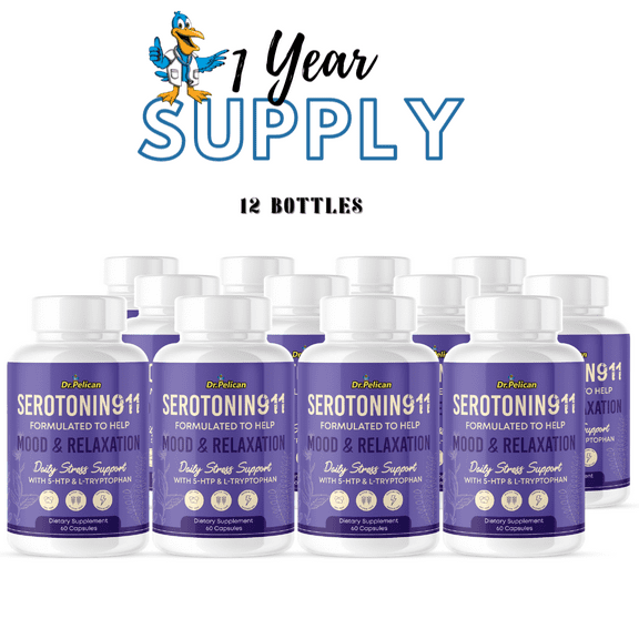 Serotonin911-5-HTP & L-Tryptophan-Stress/Mood/Relaxation- 12 Bottles-720 Capsules- Dr. Pelican