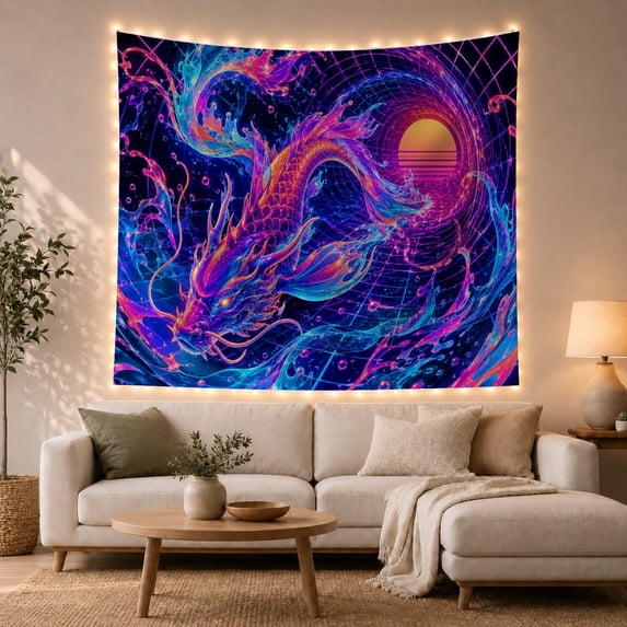 Serpentine Dragon in Turbulent Neon Water, Mystical Retro Futuristic Fantasy Art for Sci-Fi Fans, Digital Wall Decor Graduation Gift Tapestry Wall Hanging for Dorm and Gaming Room