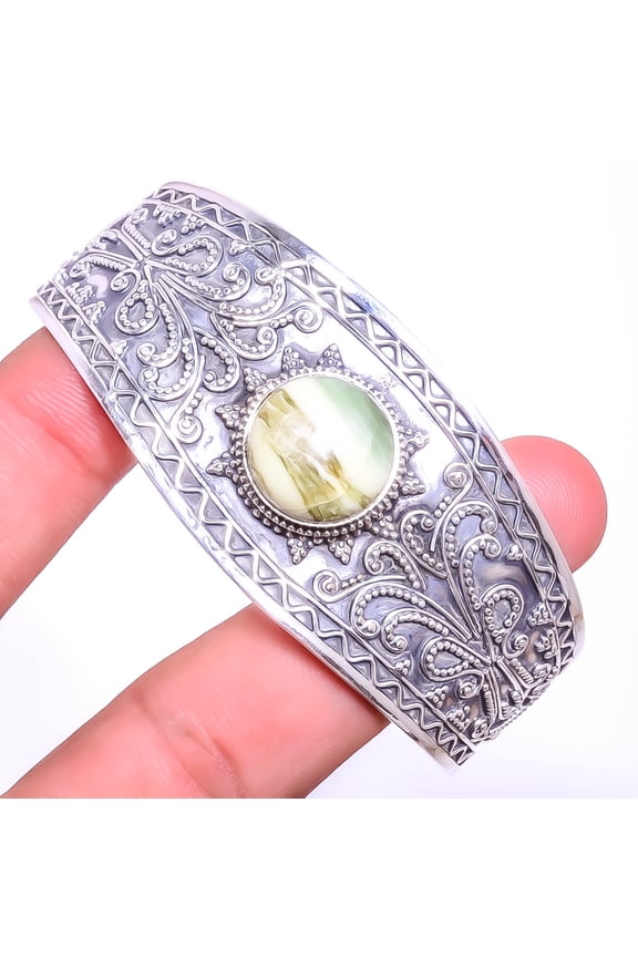 Serpentine Gemstone 925 S Bali Sterling Silver Handmade Cuff Adst. C7879-97 A382, Gemstone Jewelry, Birthday Gift, Beautiful Jewelry For Woman