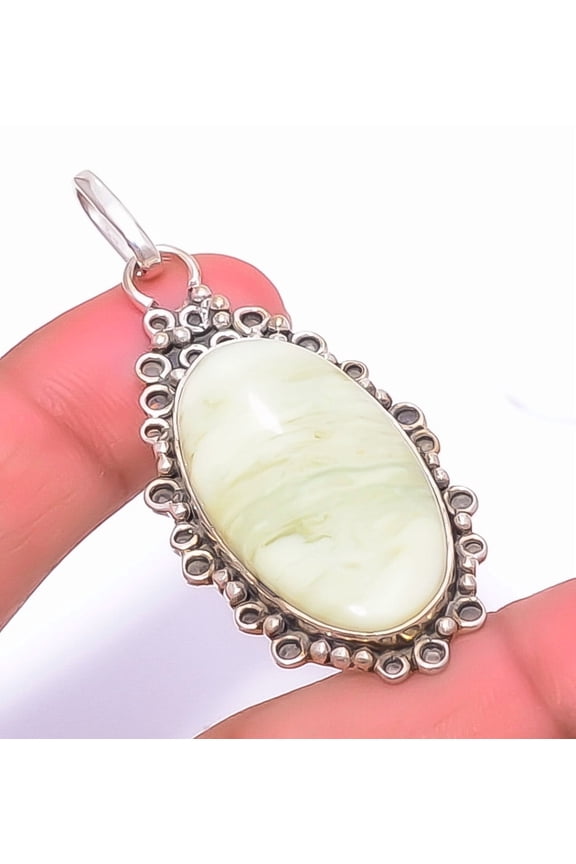 Serpentine Gemstone 925 Sterling Silver Bali Pendant 2.34" P1829-64 , Christmas Gift, Gemstone Silver Jewelry, Serpentine Pendant, New Year Sale