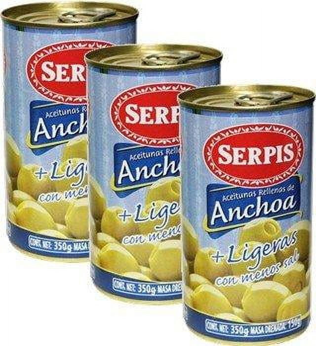Serpis Green Olives Low in salt Stuffed with Anchovies. 12.34 oz Pack of 3