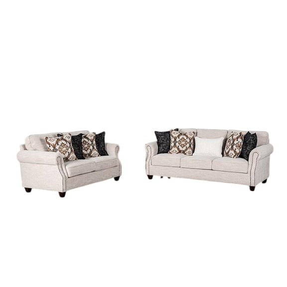 Serra 2pc Sofa and Loveseat Set, 9 Accent Pillows, Greige Polyester
