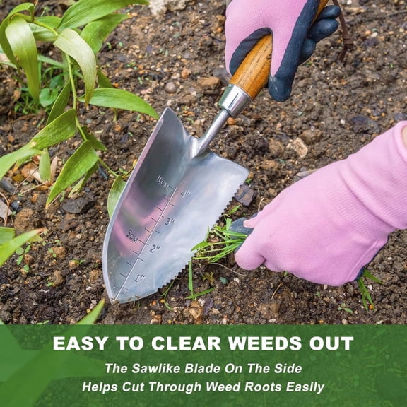 Serrated Garden Trowel, 58'' Stainless Steel Stirrup Hoe, Action Hoe for Weeding in Push-Pull Motion, Scuffle Hoe with Comfortable Wood Long Handle for Standing to Weed on Flower Bed