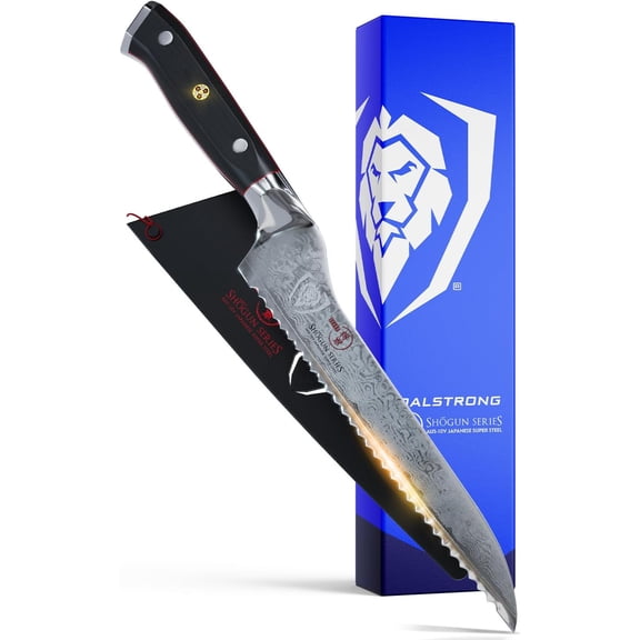 Serrated Offset Bread Knife - 8 inch - Shogun Series - Deli Knife Gift - Damascus - AUS-10V Japanese Super Steel - Bread Slicer Cutter - Slicing Knife - Vacuum Treated - G10 Handle - Sheath