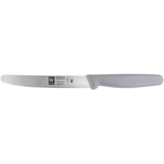 Serrated Round Tip Steak/Paring Knife, High Carbon Stainless Steel Blade, Grey Handle. By ICEL.