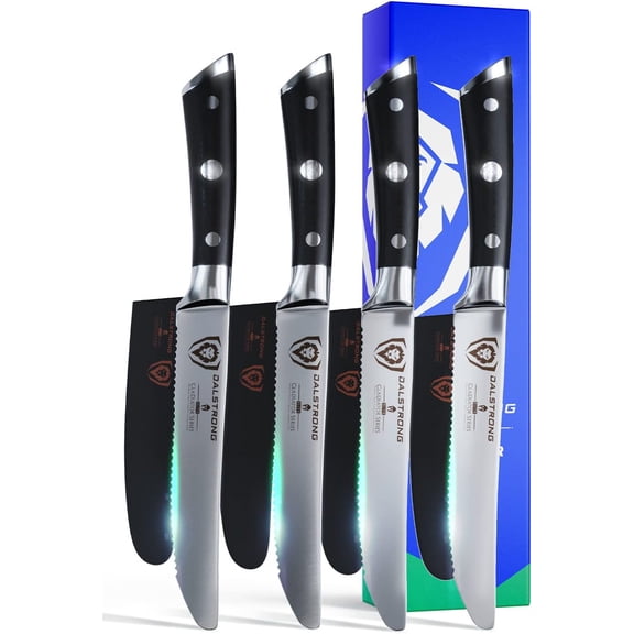 Serrated Steak Knives Set of 4-5 inch Straight Blade Steak Knife Set - Sheaths - Forged German Steel - Black G10 Handle - Gladiator Series Elite - Dinner Set - NSF Cuchillos para Carne