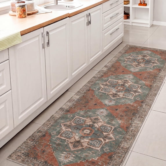 Sersi Ornate Large Medallion Border Non-Slip Machine-Washable Green/Brown 2 ft. x 8 ft. Runner Rug