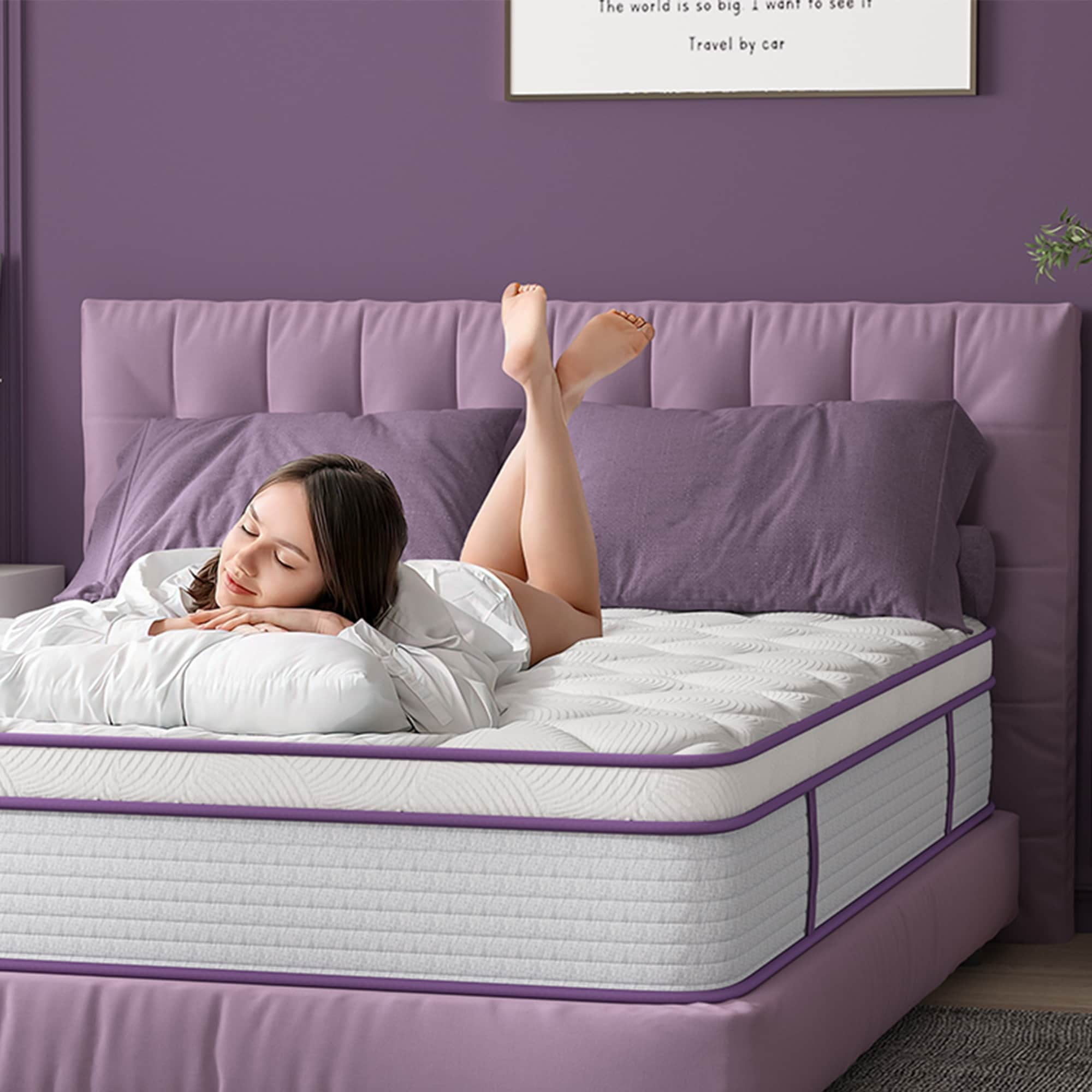 Full Size White and Purple Euro Top Memory Foam Hybrid Mattress