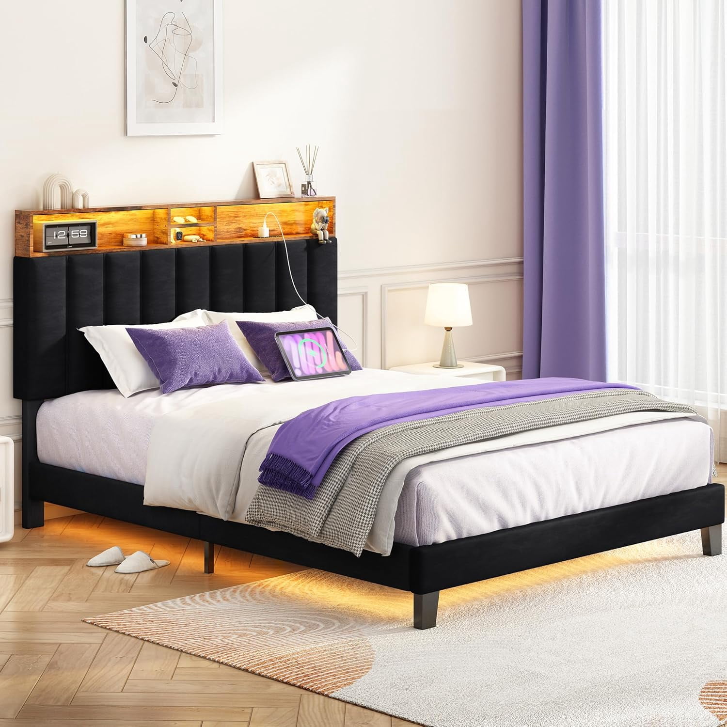 Sersper Queen Size Platform Bed Frame with Storage Upholstered Headboard, Built-in Charging Station & RGB LED Lights, Noise-Free, Easy Assembly, Black