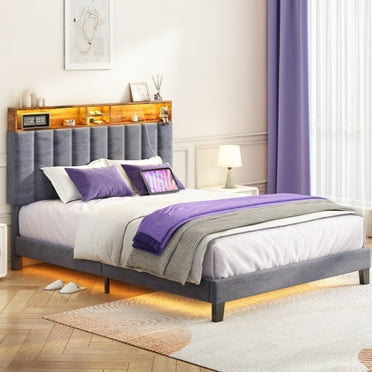 Sersper Queen Bed Frame with Charging Station, Upholstered Platform Bed with Wingback Storage Headboard, No Box Spring Needed, Gray