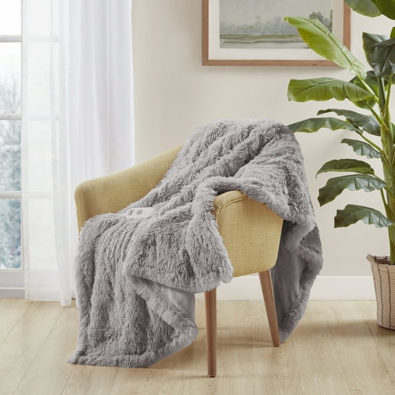 Serta 1-Piece 50x60 Fast Heating Electric Throw Shaggy Faux Fur Heated Blanket, Ash Gray