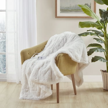 Serta 1-Piece 50x60 Fast Heating Electric Throw Shaggy Faux Fur Heated Blanket, Champagne