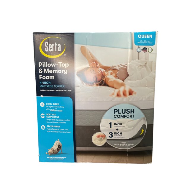 Serta 4" PillowTop and Memory Foam Mattress Topper, Queen, White
