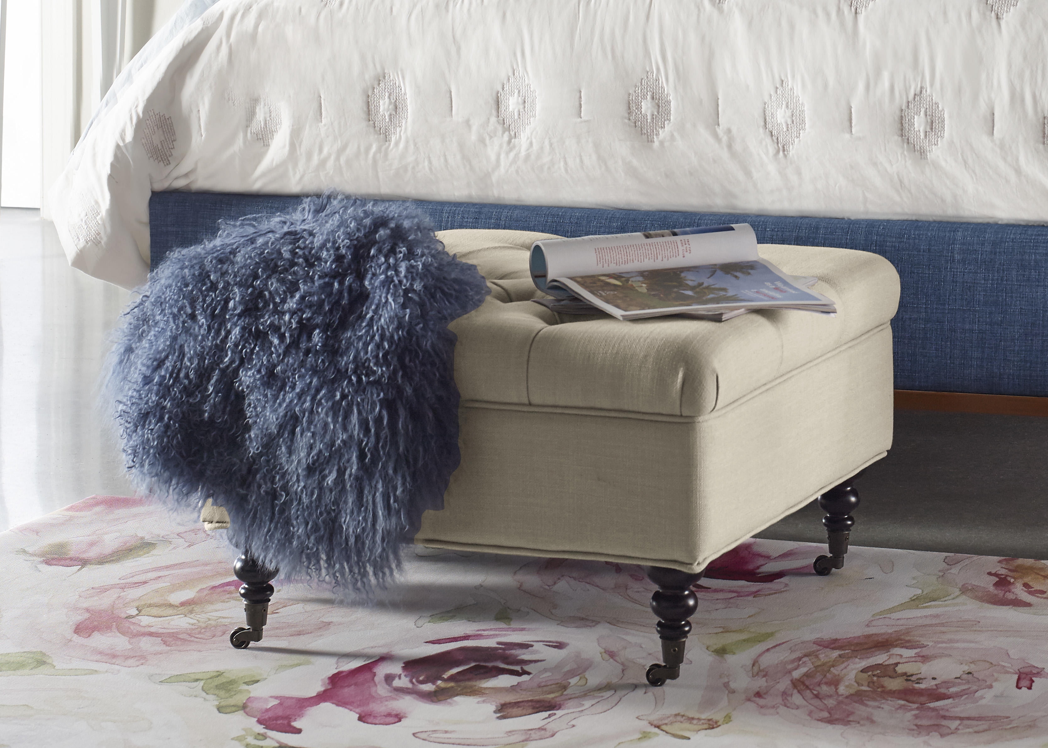 Ivory Tufted Cotton Twill Square Cocktail Ottoman with Storage
