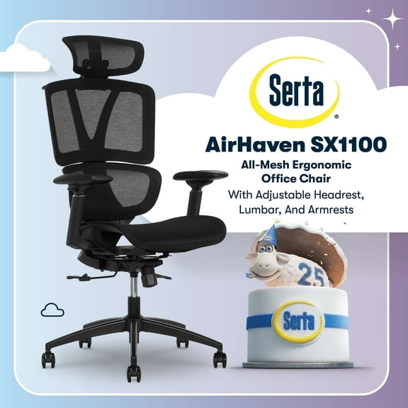 Serta AirHaven SX1100 All-Mesh Ergonomic Chair with Adjustable Headrest, Black