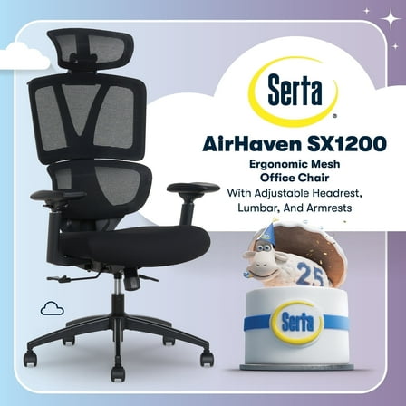 Serta AirHaven SX1200 Ergonomic Mesh Chair with Adjustable Headrest - Black