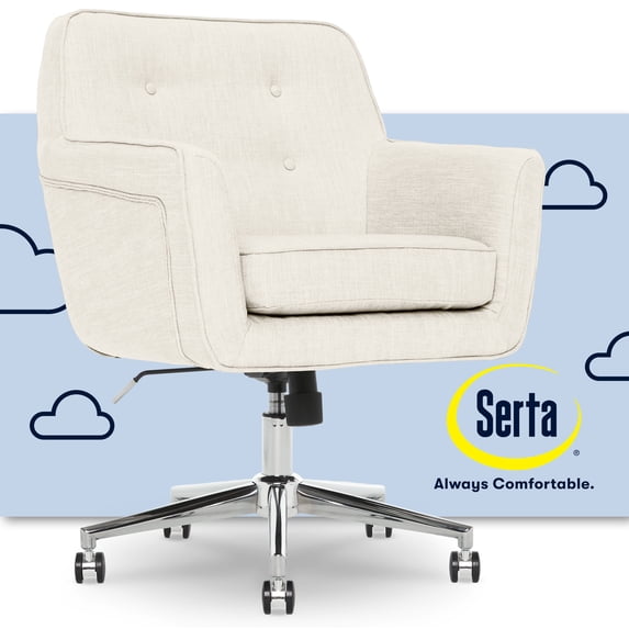 Serta Ashland Office Desk Chair, Button Tufted Mid-Back, Memory Foam Cushion, Chrome Swivel Base, Ivory
