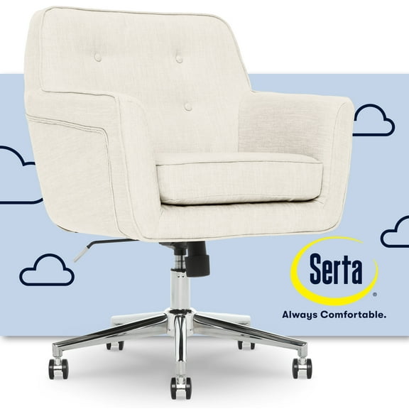 Serta Ashland Office Desk Chair, Button Tufted Mid-Back, Memory Foam Cushion, Chrome Swivel Base, Ivory
