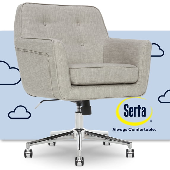 Serta Ashland Office Desk Chair, Button Tufted Mid-Back, Memory Foam Cushion, Chrome Swivel Base, Light Gray