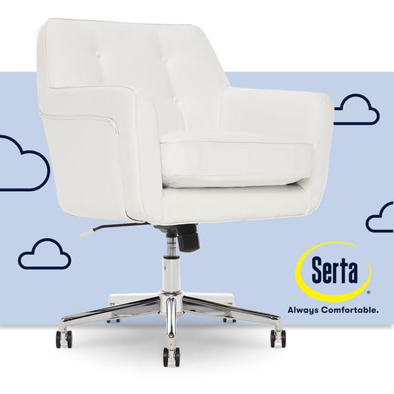 Serta Ashland Home Office Desk Chair with Button Tufted Mid-Back, Memory Foam Cushion and Padded Arms, Modern Vanity Armchair with Wheels for Bedroom, Chrome Metal Base, White Bonded Leather