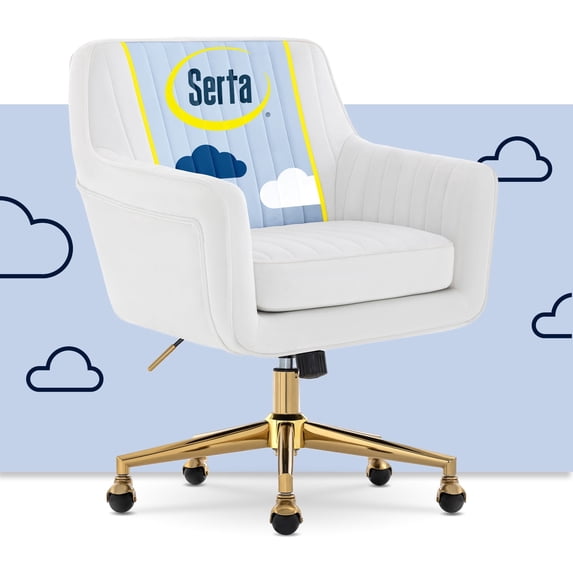 Serta Ashleigh modern office chair with channel-tufted design, white velvet fabric, and gold base