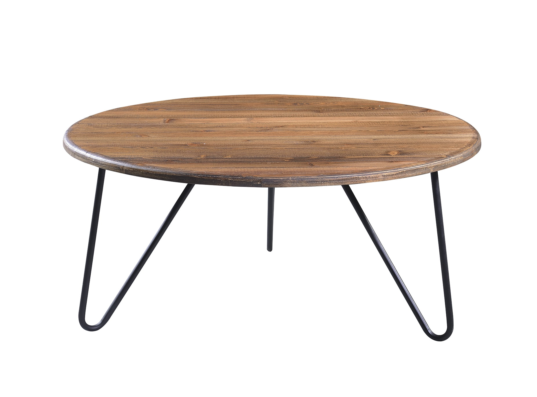 Bryant Round Aged Pine Coffee Table with Black Metal Hairpin Legs