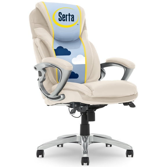 Serta Bryce Executive Office Chair, Ergonomic Computer Desk Chair with Patented AIR Lumbar Technology, Adjustable Height, Memory Foam Body Pillows, 360° Swivel Rolling Base, Bonded Leather, Cream