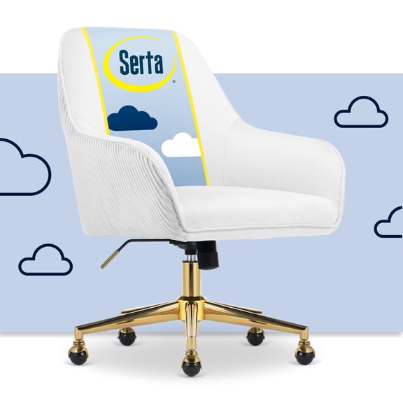 Serta Chloe Modern Office Chair Pleated Mid-Back Gold Metal Base White Velvet