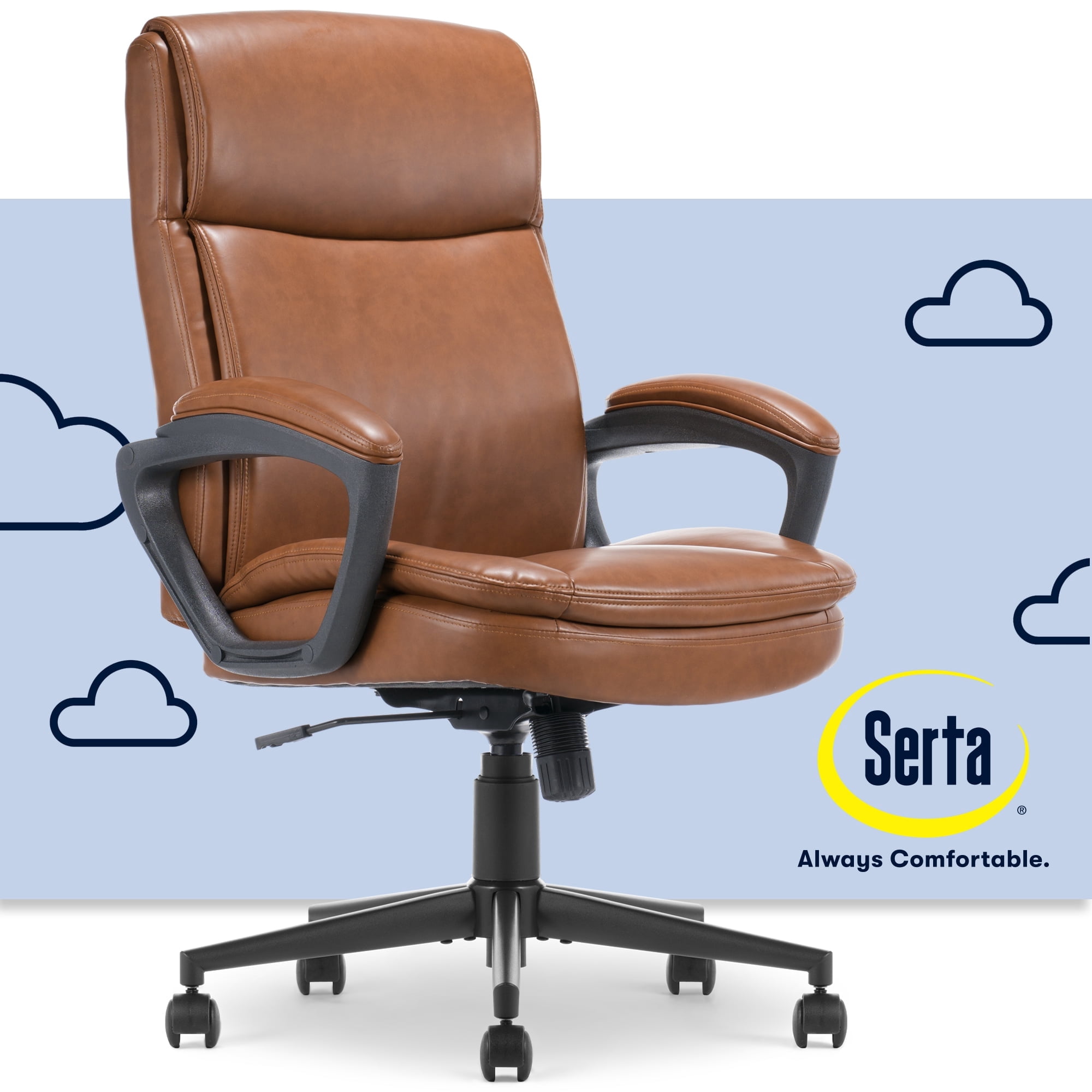 Serta Comfort Ergo Executive Office Chair, Ergonomic Mid-Back Design with Lumbar Support, Bonded Leather, Cognac