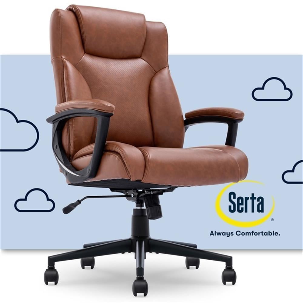 Cognac Bonded Leather Executive Swivel Chair with High Back and Fixed Arms