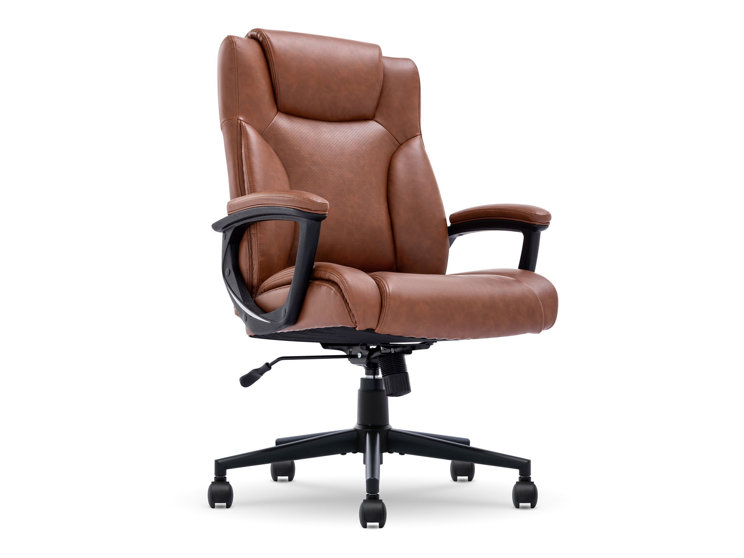 Cognac Bonded Leather Executive Swivel Chair with High Back and Fixed Arms