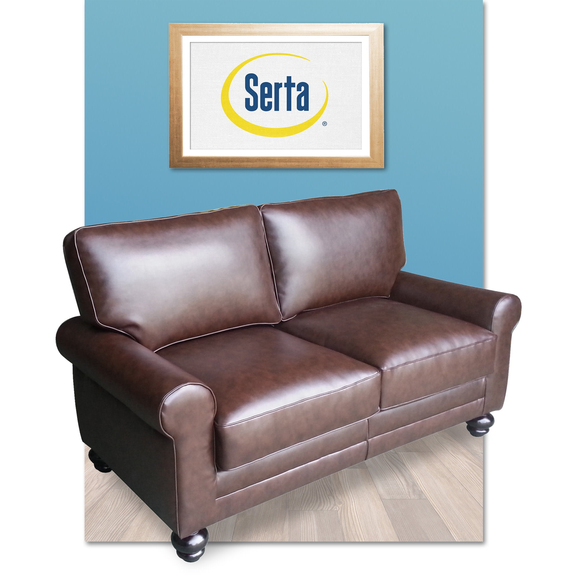 Chestnut Brown Leather Rolled Arm Loveseat with Wood Legs
