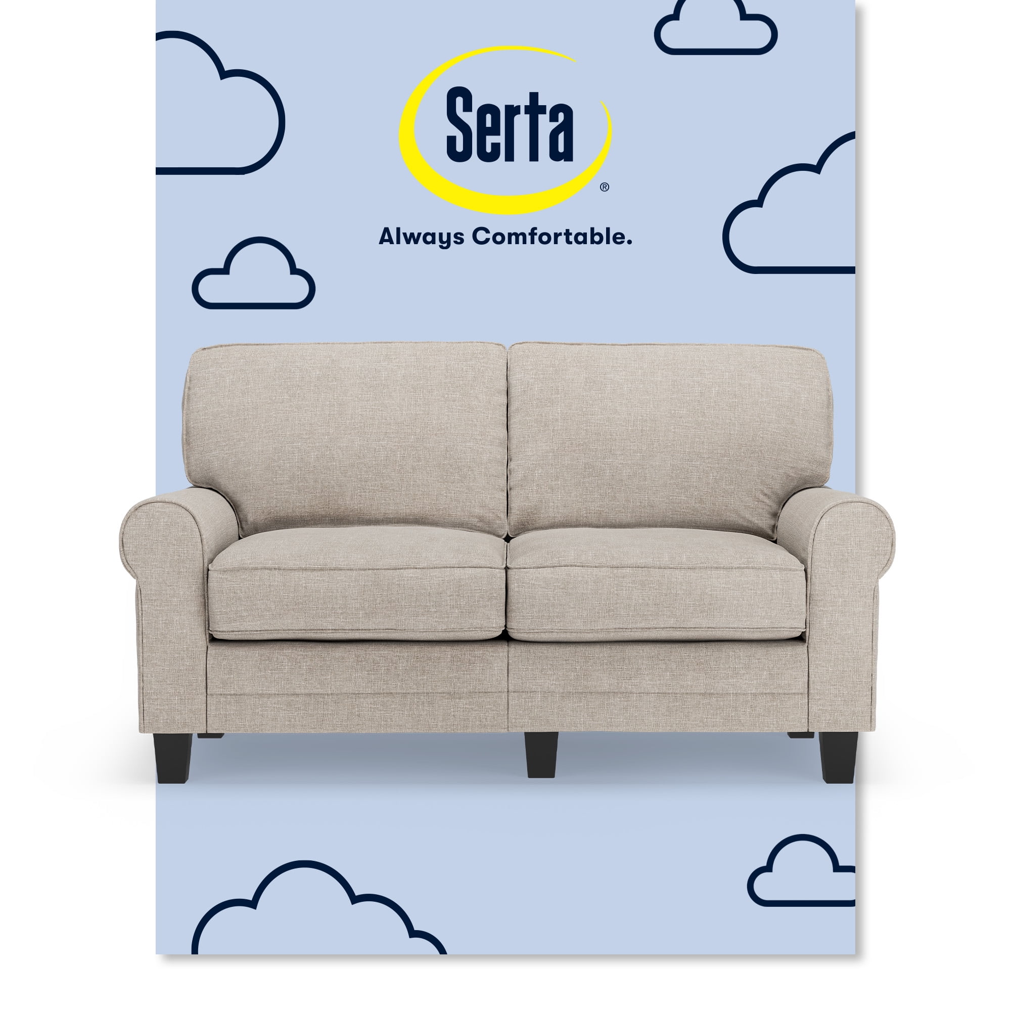 Light Gray Polyester Blend Rolled Arm Loveseat with Wood Legs
