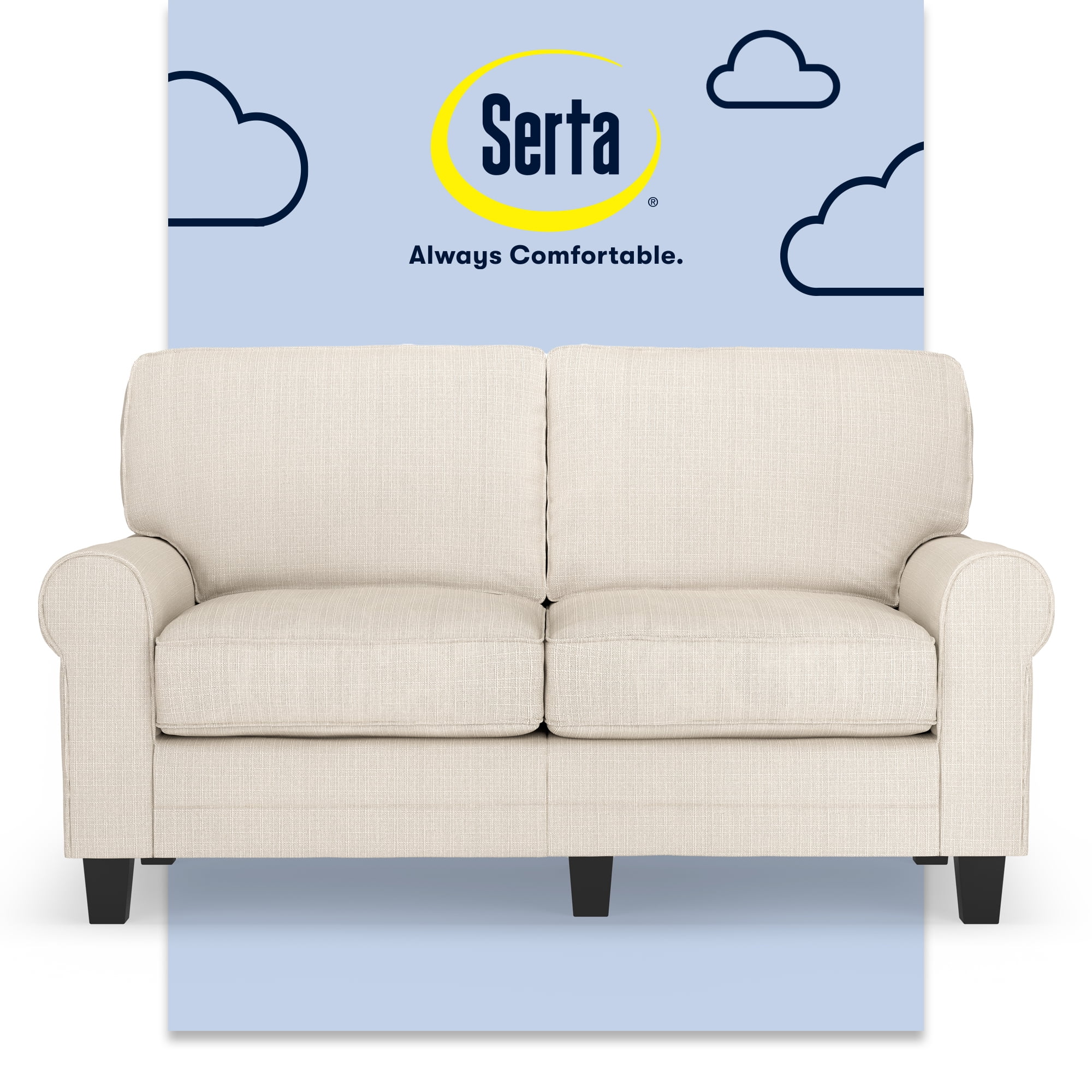 Serta Copenhagen 61" Rolled Arm Sofa, Easy Care Polyester, Loveseat or Couch for Small Spaces, Buckwheat Beige