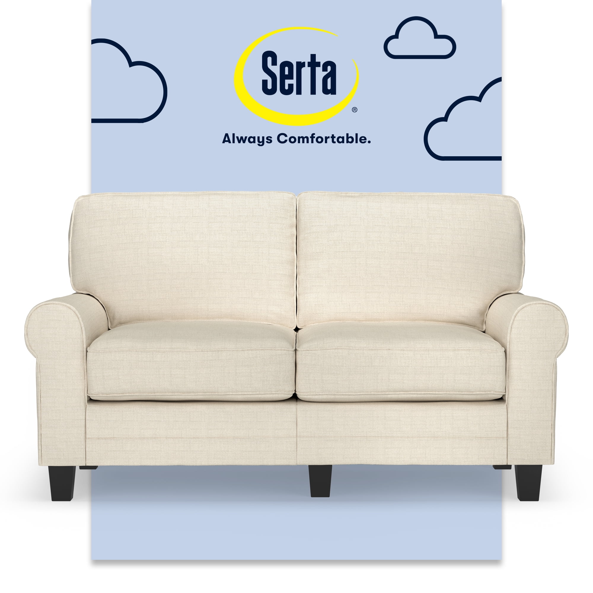 Serta Copenhagen 61" Rolled Arm Sofa, Easy Care Polyester,  Loveseat or Couch for Small Spaces, ButterCream