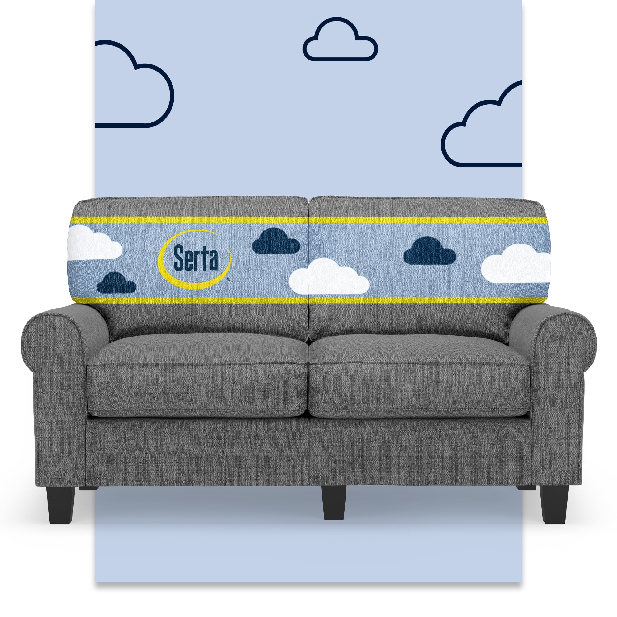 Serta Copenhagen 61" Rolled Arm Sofa, Easy Care Polyester, Loveseat or Couch for Small Spaces, Dark Gray
