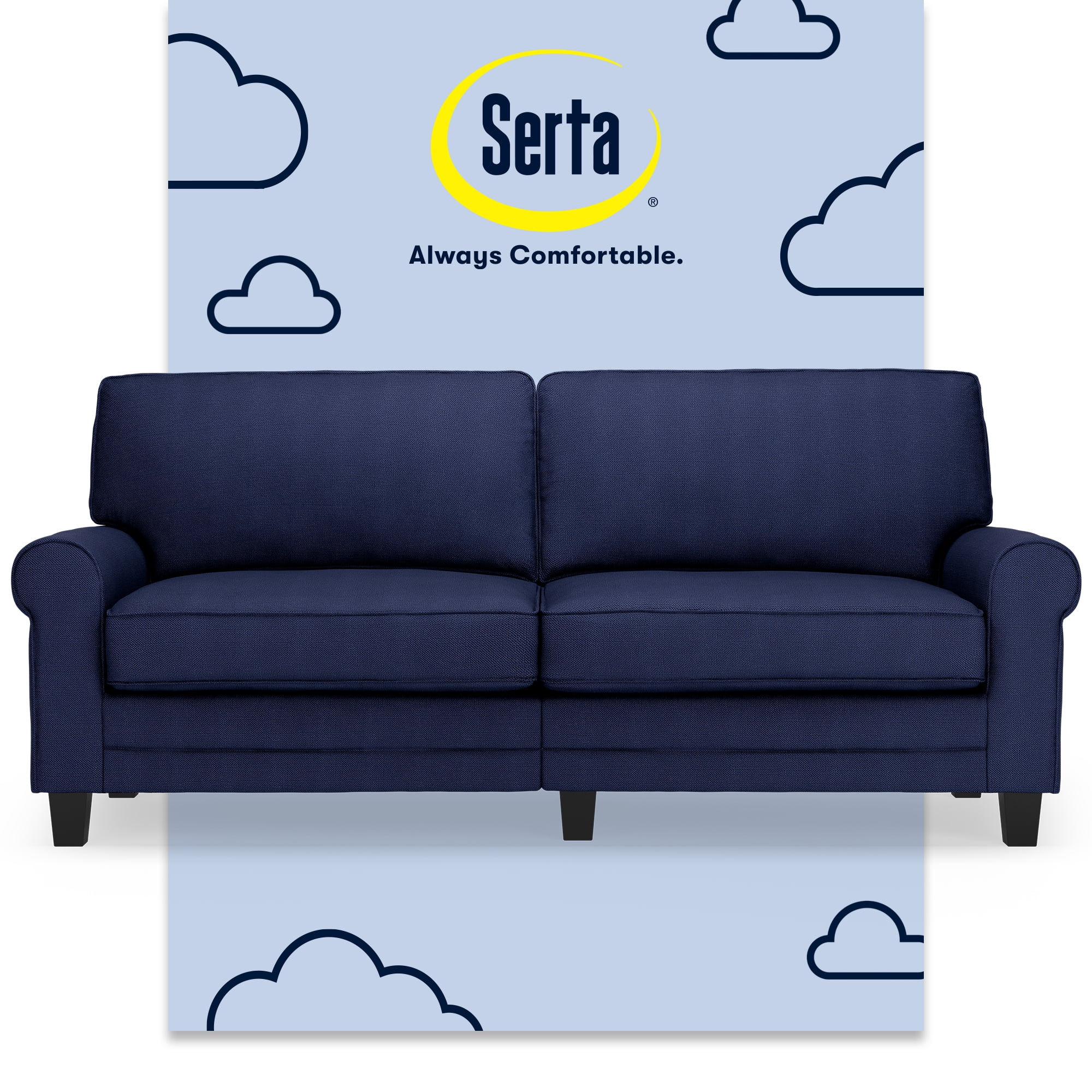 Navy Blue Leather Rolled Arm Sofa with Pillow Back