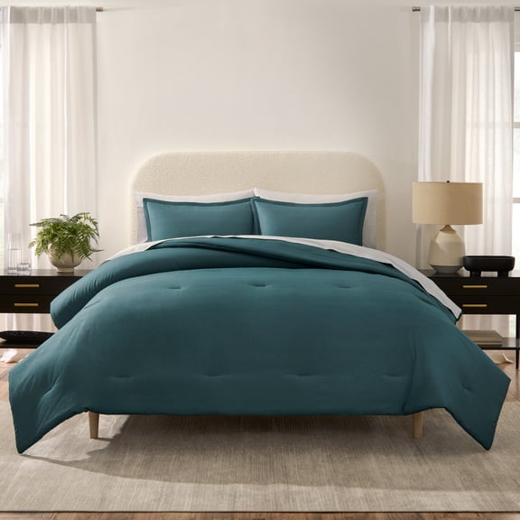 Serta Cozy Cotton All in One Reversible Comforter and Sheet Set- 7 Piece, King, Goblin Blue
